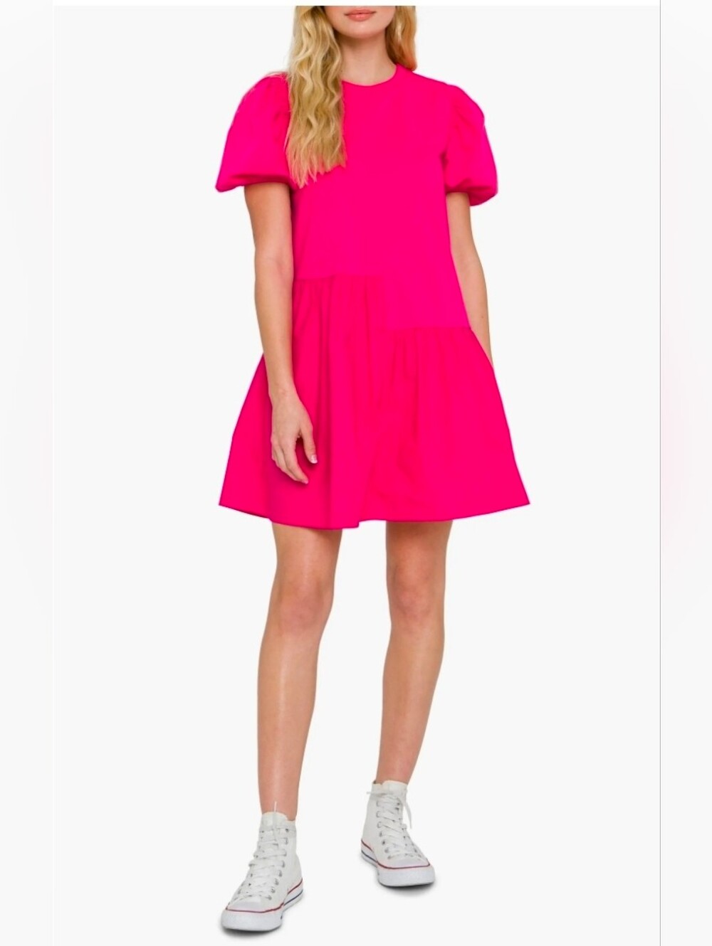English Factory Hot Pink Puff-Sleeve Tiered Dress
